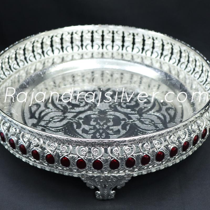 German Silver Enemal Round Tray 10 Inch (Maroon) 7061