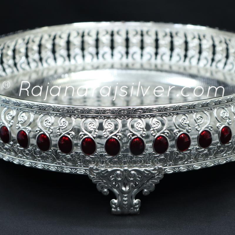 German Silver Enemal Round Tray 10 Inch (Maroon) 7061
