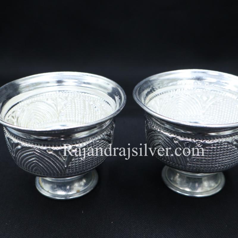 German Silver Nakshi Chandan Cup Bowl Big 3 Inch 2 Pcs Set