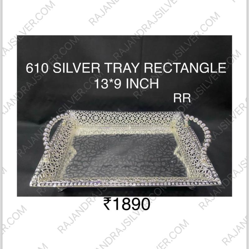 German Silver Unique Rectangle Tray With Handle (13*9 Inch) (610) (Silver)