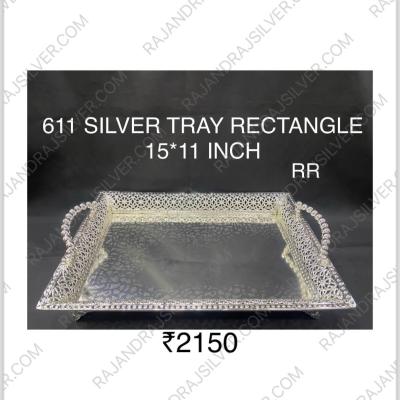 German Silver Unique Rectangle Tray With Handle (15*11 Inch) (611) (Silver)