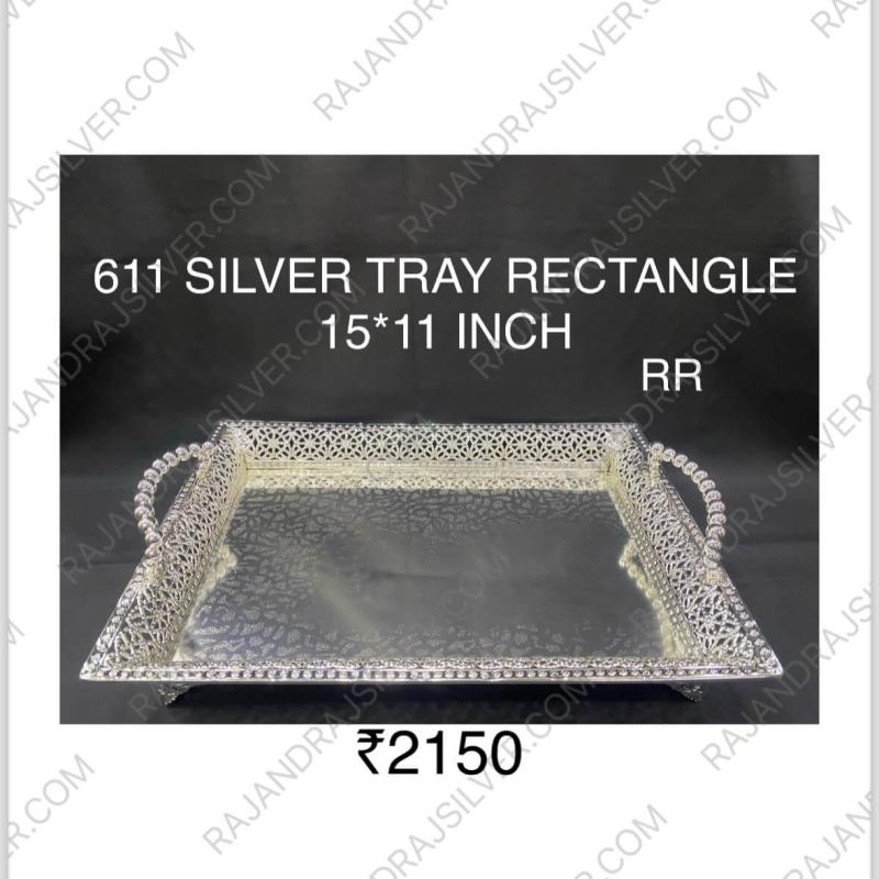 German Silver Unique Rectangle Tray With Handle (15*11 Inch) (611) (Silver)