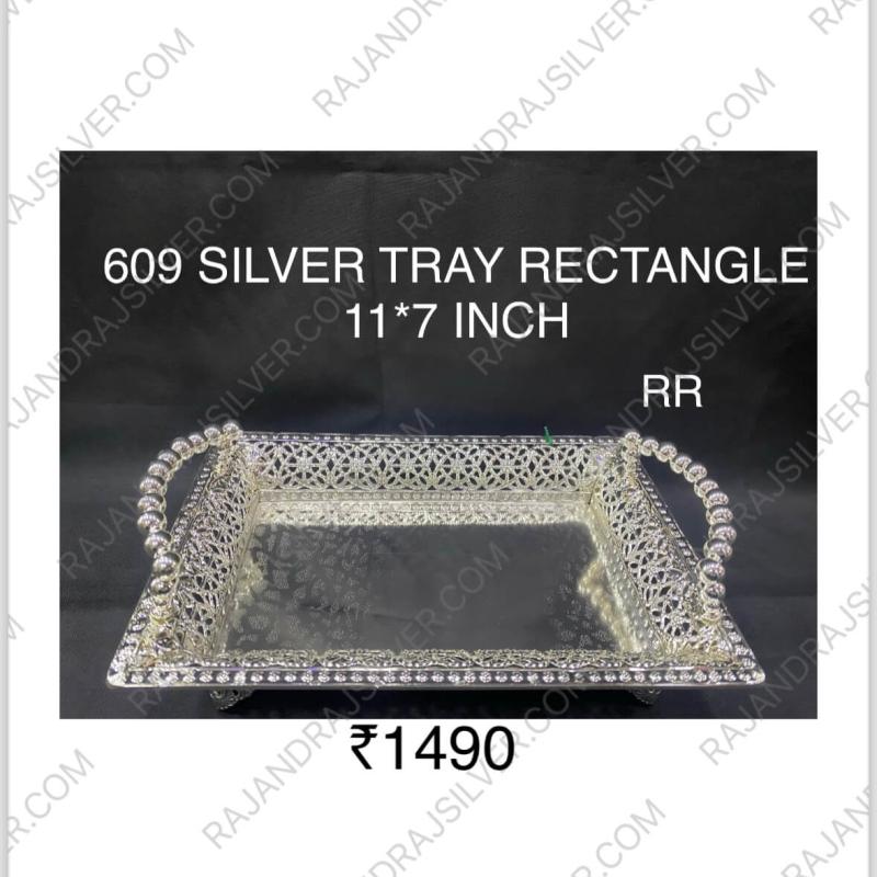 German Silver Unique Rectangle Tray With Handle (11*7 Inch) (609) (Silver)