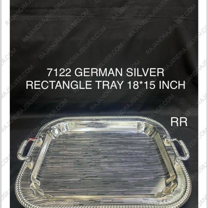 German Silver Unique Rectangle Tray With Handle (18*15 Inch) (7122) (Silver)