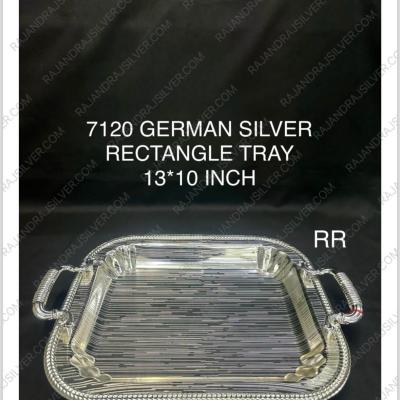 German Silver Unique Rectangle Tray With Handle (13*10 Inch) (7120) (Silver)
