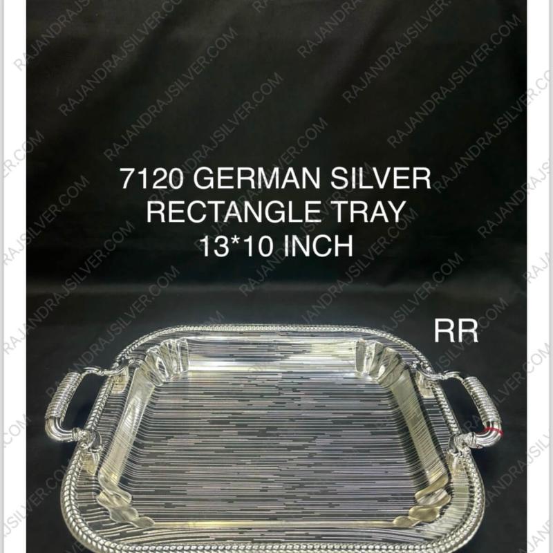 German Silver Unique Rectangle Tray With Handle (13*10 Inch) (7120) (Silver)