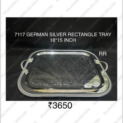 German Silver Unique Rectangle Tray With Handle (18*15 Inch) (7117) (Silver)
