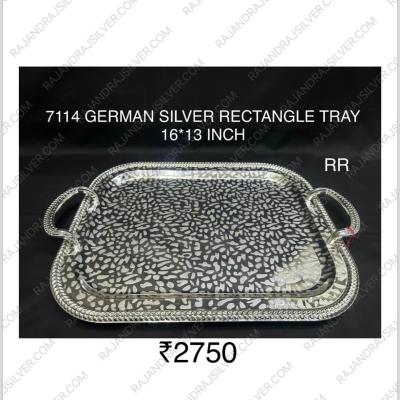 German Silver Unique Rectangle Tray With Handle (16*13 Inch) (7114) (Silver)