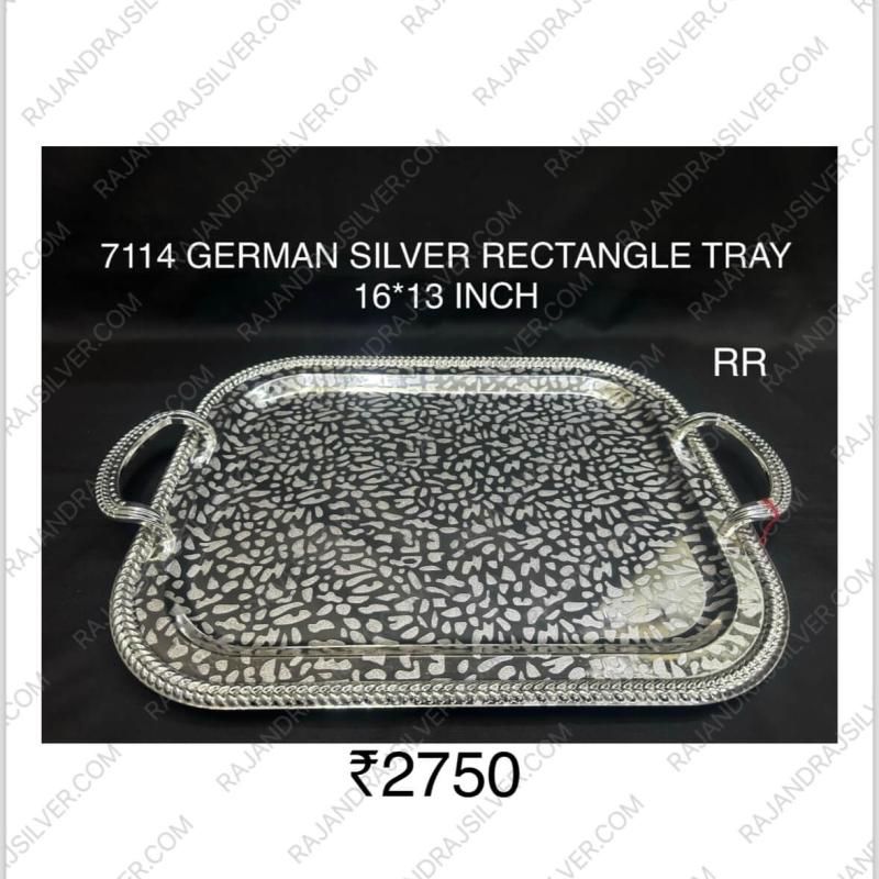 German Silver Unique Rectangle Tray With Handle (16*13 Inch) (7114) (Silver)