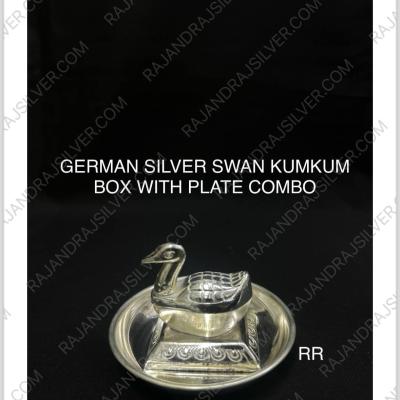 German Silver Swan Kumkum Box With Plate Combo (Set)