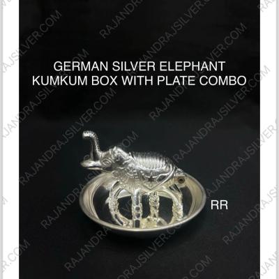 German Silver Elephant Kumkum Box With Plate Combo (Set)