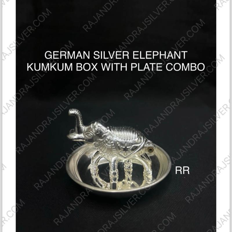 German Silver Elephant Kumkum Box With Plate Combo (Set)