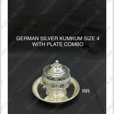German Silver Kumkum Box Size 4 With Plate Combo (Set)