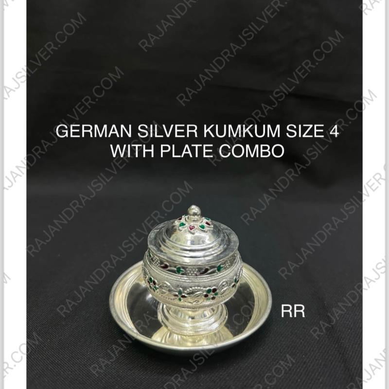 German Silver Kumkum Box Size 4 With Plate Combo (Set)