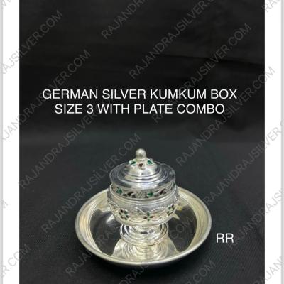 German Silver Kumkum Box Size 3 With Plate Combo (Set)