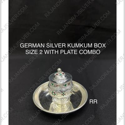 German Silver Kumkum Box Size 2 With Plate Combo (Set)