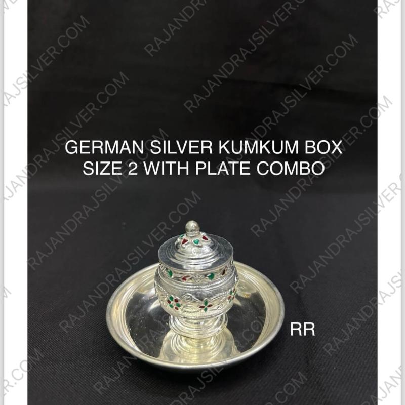 German Silver Kumkum Box Size 2 With Plate Combo (Set)