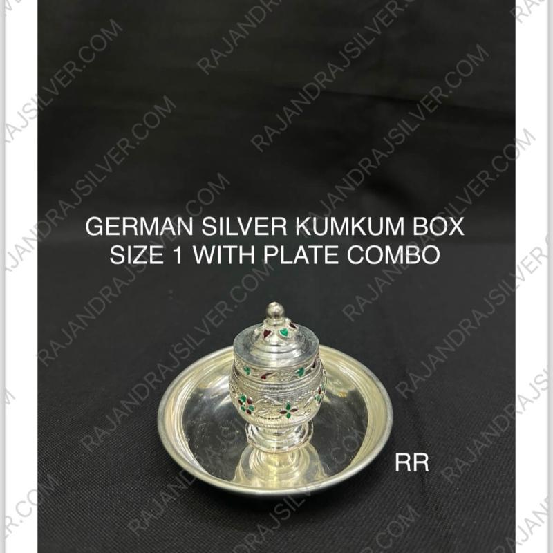 German Silver Kumkum Box Size 1 With Plate Combo (Set)