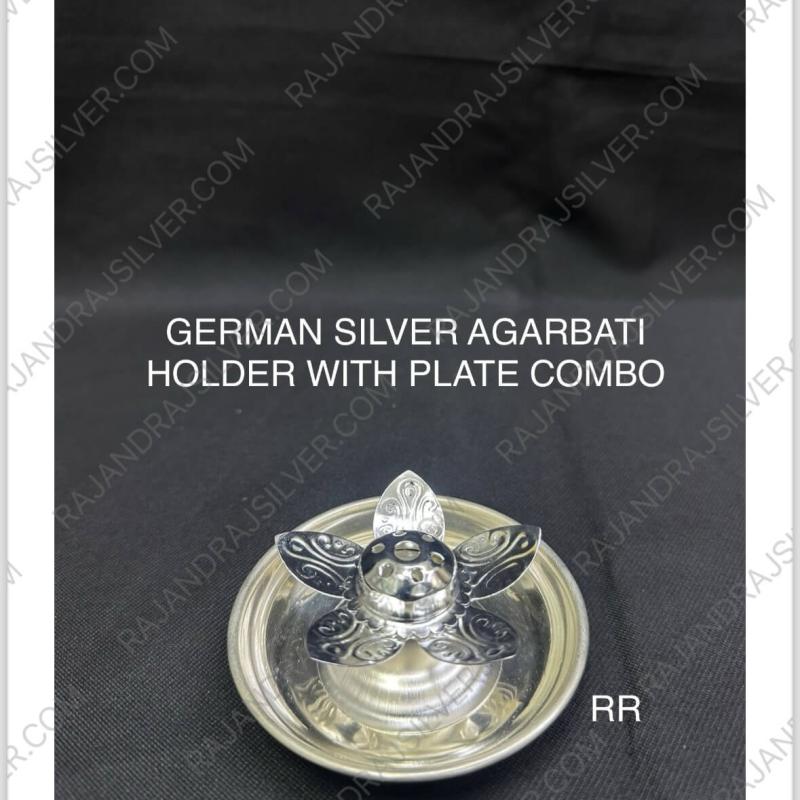 German Silver Agarabti Holder With Plate Combo (Set)