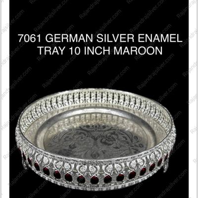 German Silver Unique Enamel Round Tray ( 10 Inch ) (Maroon) (7061)