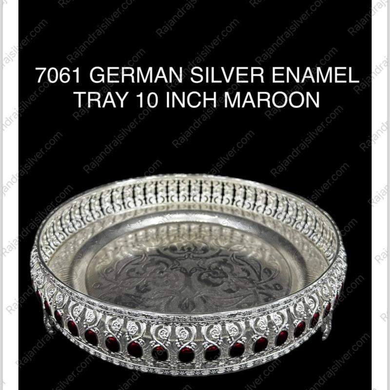 German Silver Unique Enamel Round Tray ( 10 Inch ) (Maroon) (7061)