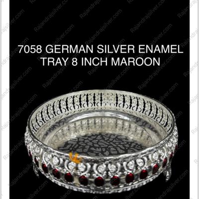 German Silver Unique Enamel Round Tray ( 8 Inch ) (Maroon) (7058)