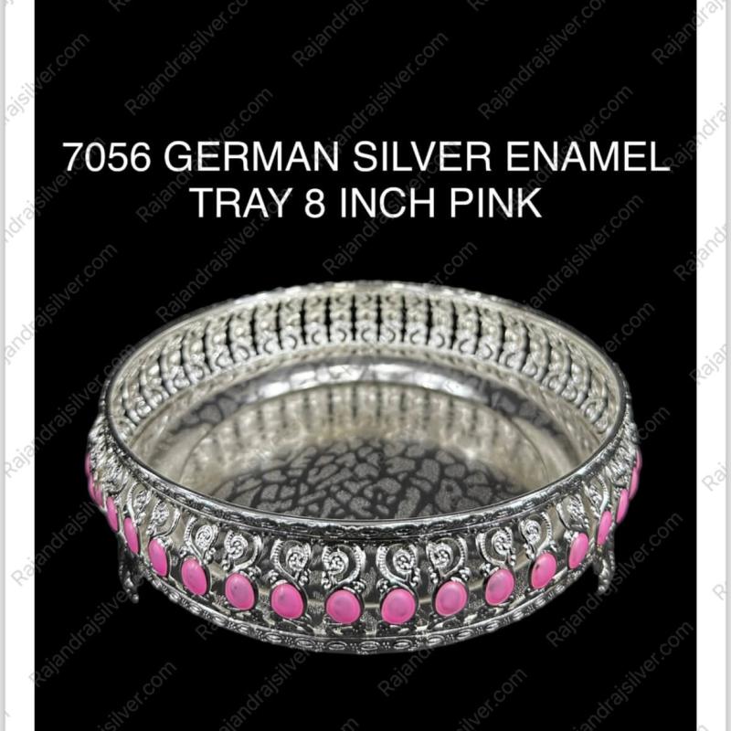German Silver Unique Enamel Round Tray ( 8 Inch ) (Pink) (7056)