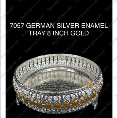 German Silver Unique Enamel Round Tray ( 8 Inch ) (Gold) (7057)