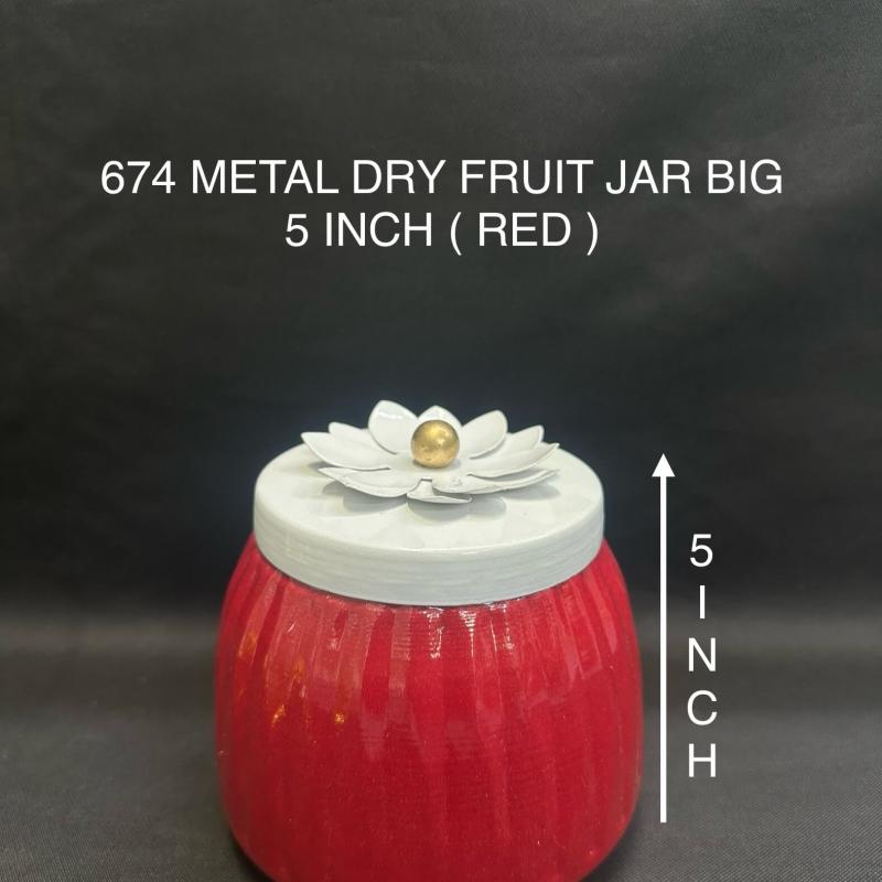 Elegant Dry Fruit Metal Jar Round 5 Inch Big (674) Red